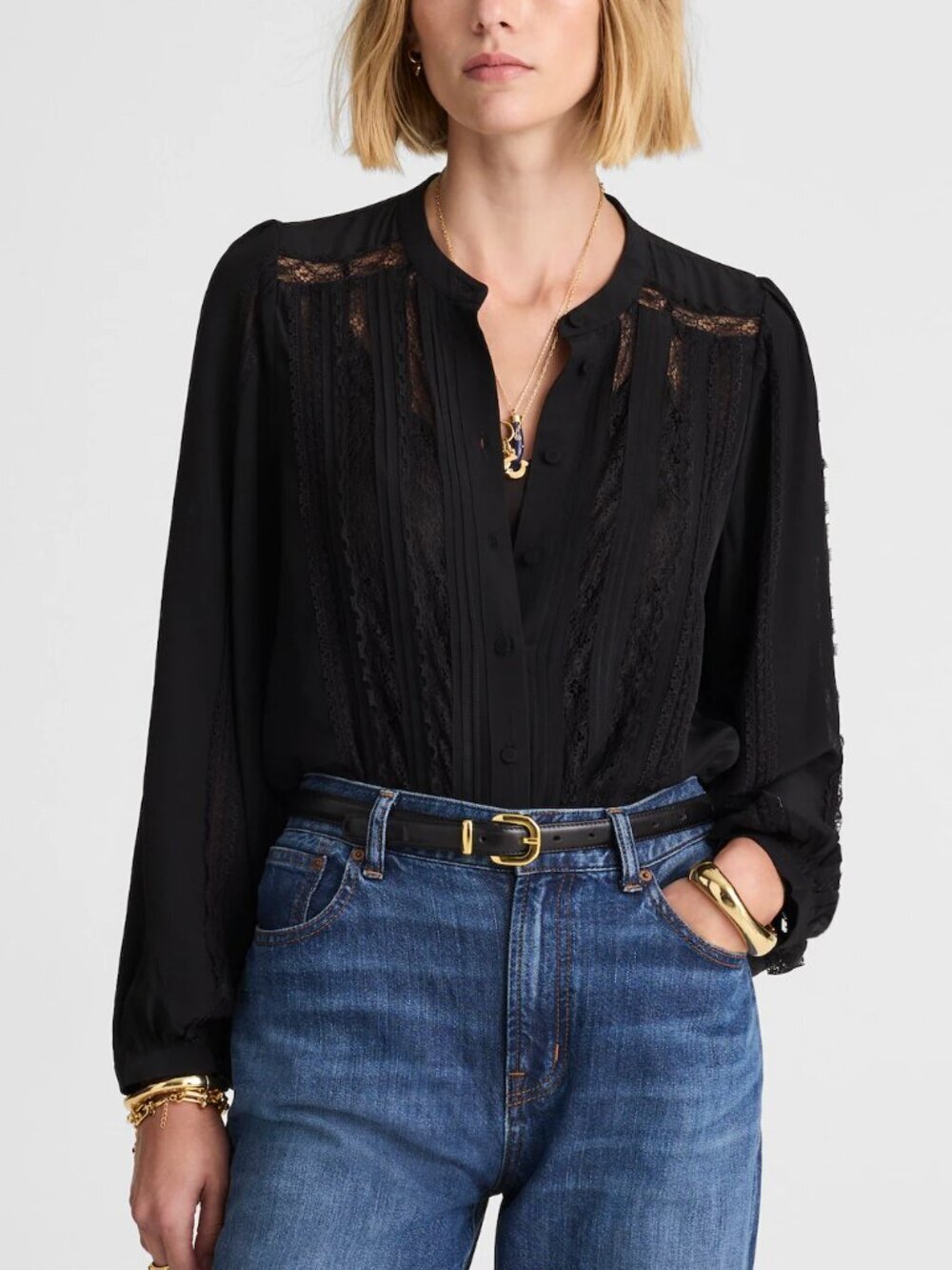 Madewell Lace-Insert Button-Up Long Sleeve Top Black Size M NWT